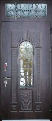 дверь с верхней вставкой в дом, со стеклом и ковкой-ДВ-1628